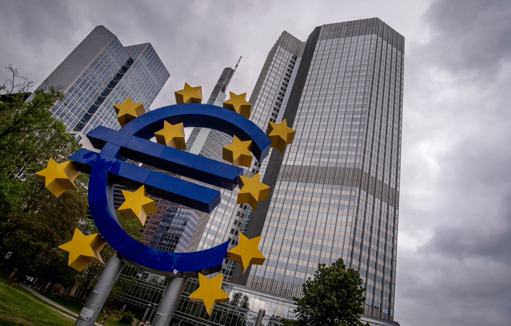 FILE - The Euro sculpture stands in front of the former headquarters of the European Central Bank (ECB) in Frankfurt, Germany, May 23, 2023. (AP Photo/Michael Probst, File)