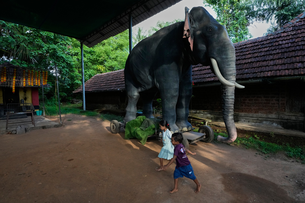 Children play next to motionless Irinjadapilly Raman, a robotic elephant, at Irinjadapilly Sree Krishna Temple in Thrissur, in the southern Indian state of Kerala, Friday, May 22, 2026. (AP Photo/Aijaz Rahi)