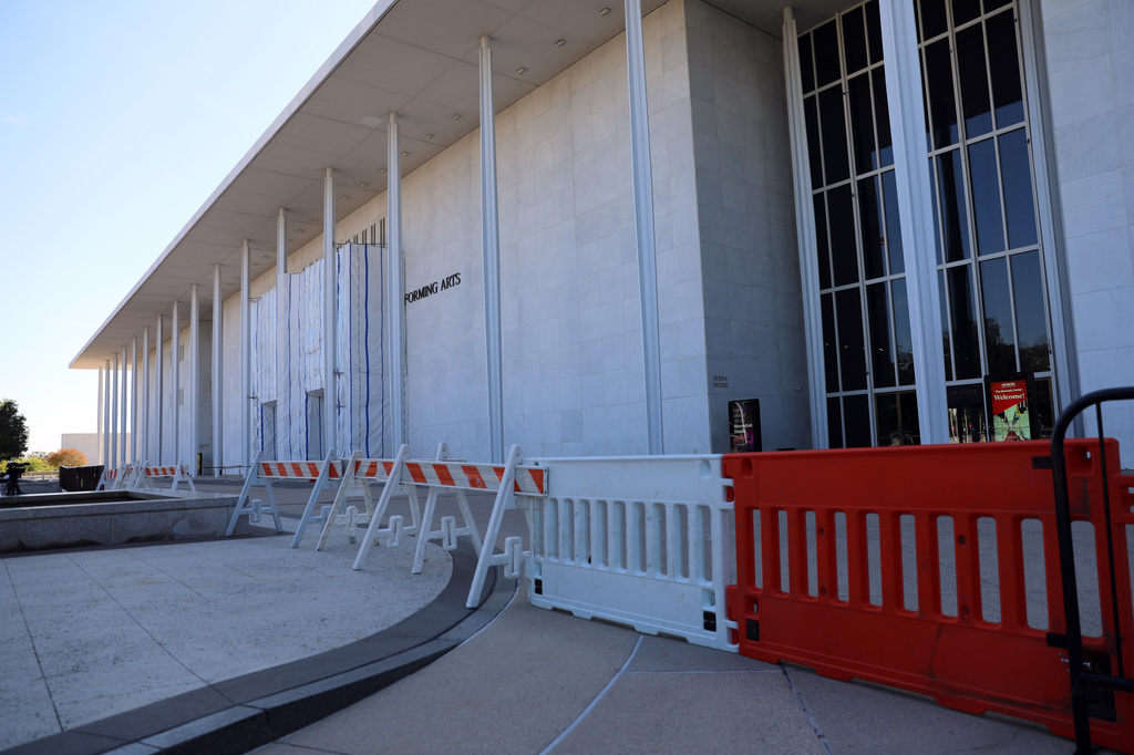 Barricades are installed in front of the John F. Kennedy Center for the Performing Arts, Wednesday, Sept. 16, 2026, in Washington. (AP Photo/Rahmat Gul)