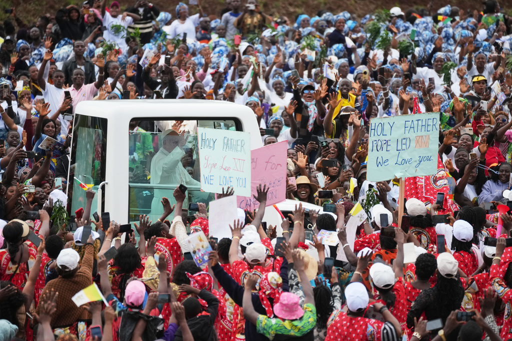 Pope Leo XIV arrives to celebrate Mass at Bamenda Airport, Cameroon, Thursday, April 16, 2026, on the fourth day of his 11-day pastoral visit to Africa. (AP Photo/Andrew Medichini)