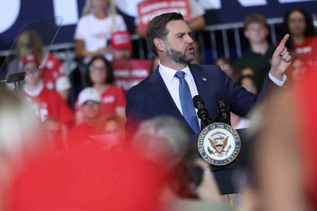 Vice President JD Vance speaks during a Republican National Committee's Midterm Rally at the Mid-America Center, Friday, Sept. 18, 2026 in Council Bluffs, Iowa. (Anna Moneymaker/Pool Photo via AP)
