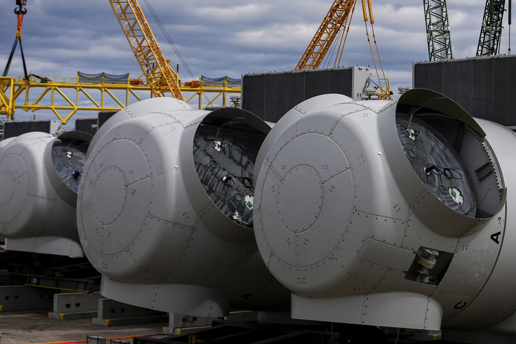 FILE - Wind turbine components sit at New London State Pier, April 16, 2025, in New London, Conn. (AP Photo/Julia Demaree Nikhinson, File)