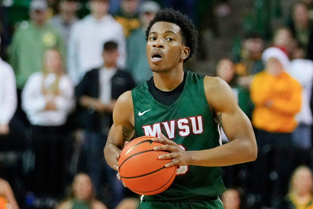 FILE - Mississippi Valley State guard Donovan Sanders works the floor during the first half of an NCAA college basketball game against Baylor, Friday, Dec. 22, 2023, in Waco, Texas. (AP Photo/Julio Cortez, File)