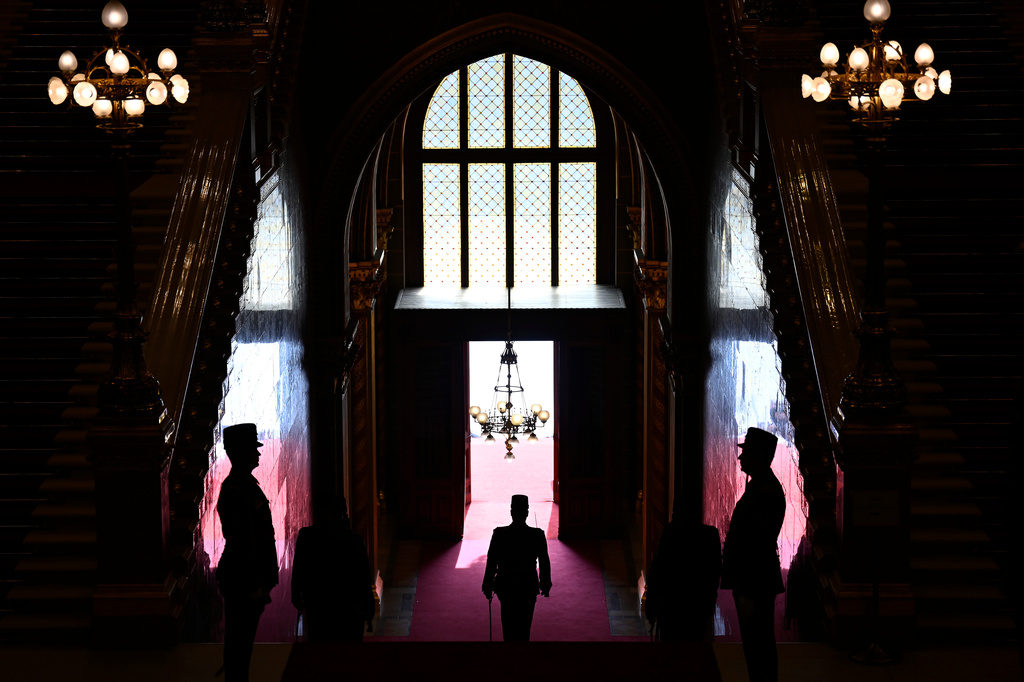 Members of the Hungarian parliament guard wait in the morning before the inauguration ceremony of Prime Minister Peter Magyar in Budapest, Hungary, Saturday, May 9, 2026. (AP Photo/Denes Erdos)