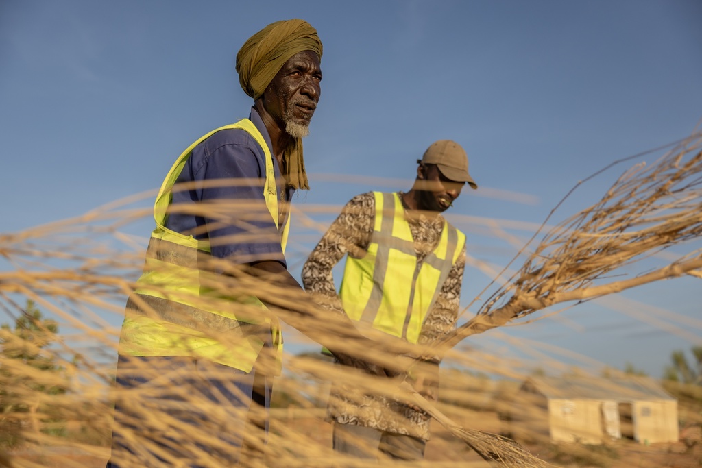 Mbera fire brigade members from the NGO SOS desert demonstrate the brushing technique used to extinguish fires in Mbera Refugee Camp, near Bassikounou, Hodh El Chargui Region, Mauritania, Saturday Nov. 8, 2025. (AP Photo/Caitlin Kelly)