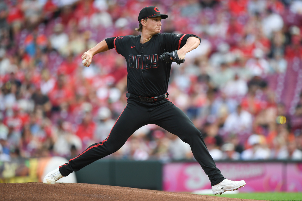 Cincinnati Reds pitcher Brady Singer throws during the first inning of a baseball game against the Baltimore Orioles in Cincinnati, Friday, July 3, 2026. (AP Photo/Tanner Pearson)