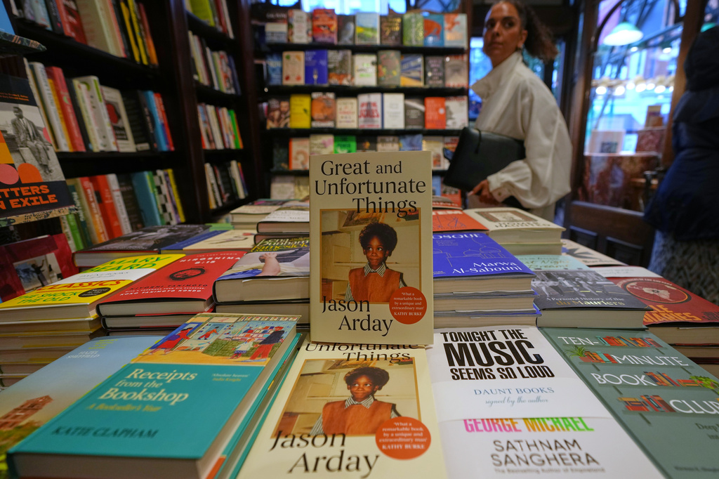 Former Cambridge Professor Jason Arday's memoir, "Great and Unfortunate Things" is on display at a book shop in London, Thursday, Aug. 27, 2026. (AP Photo/Frank Augstein)