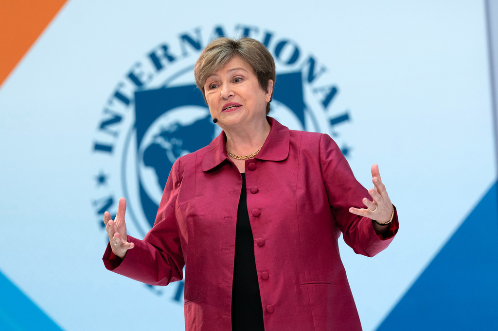 International Monetary Fund (IMF) Managing Director Kristalina Georgieva speaks at a news conference ahead of the World Bank/IMF Spring Meetings at the IMF headquarters in Washington, Thursday, April 9, 2026. (AP Photo/Jose Luis Magana)