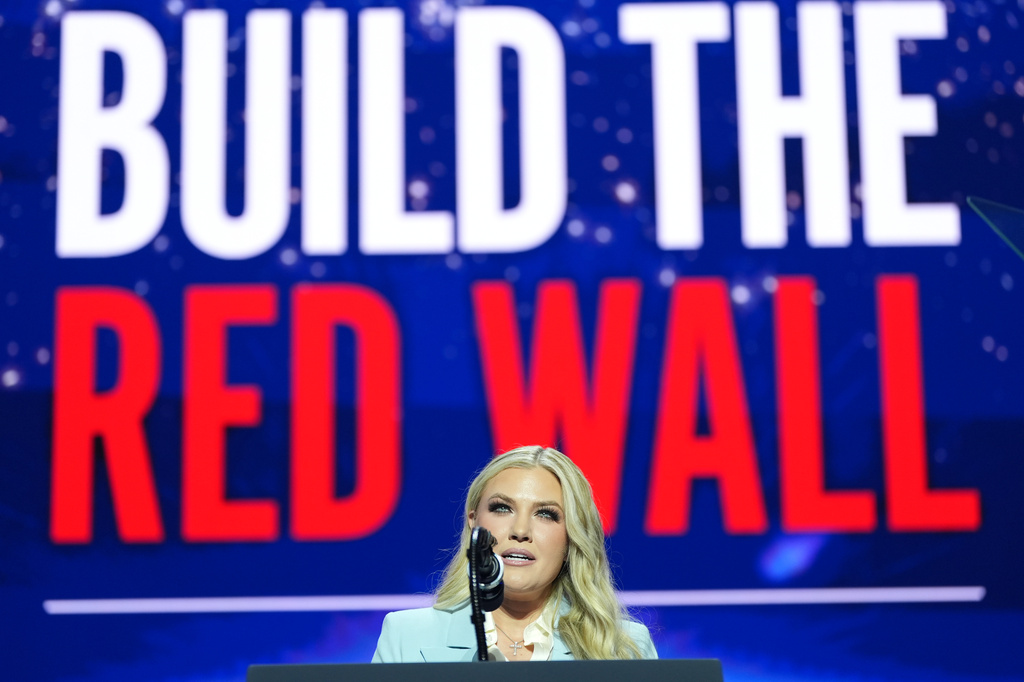 Erika Kirk speaks before President Donald Trump at a Turning Point USA event at Dream City Church, Friday, April 17, 2026, in Phoenix. (AP Photo/Alex Brandon)