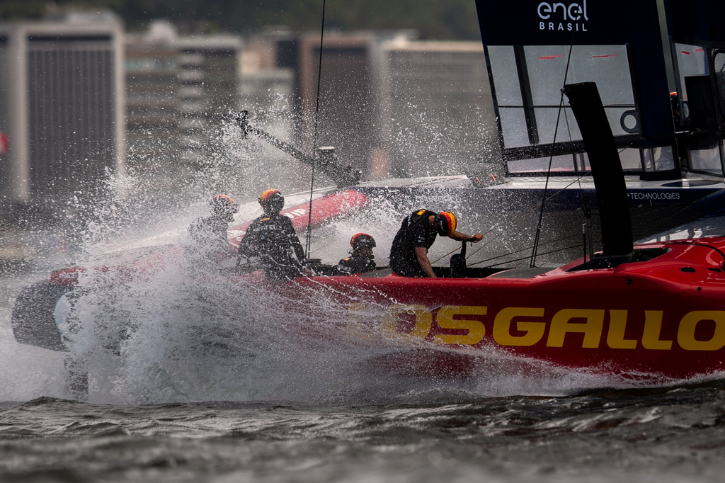 Spain SailGP Team prepares to compete in the Brazil Sail Grand Prix race on Guanabara Bay in Rio de Janeiro, Sunday, April 12, 2026. (AP Photo/Bruna Prado)