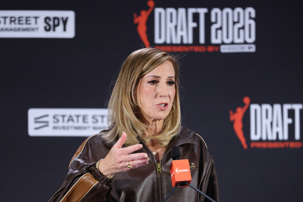 WNBA commissioner Cathy Engelbert speaks before the WNBA basketball draft Monday, April 13, 2026, in New York. (AP Photo/Pamela Smith)