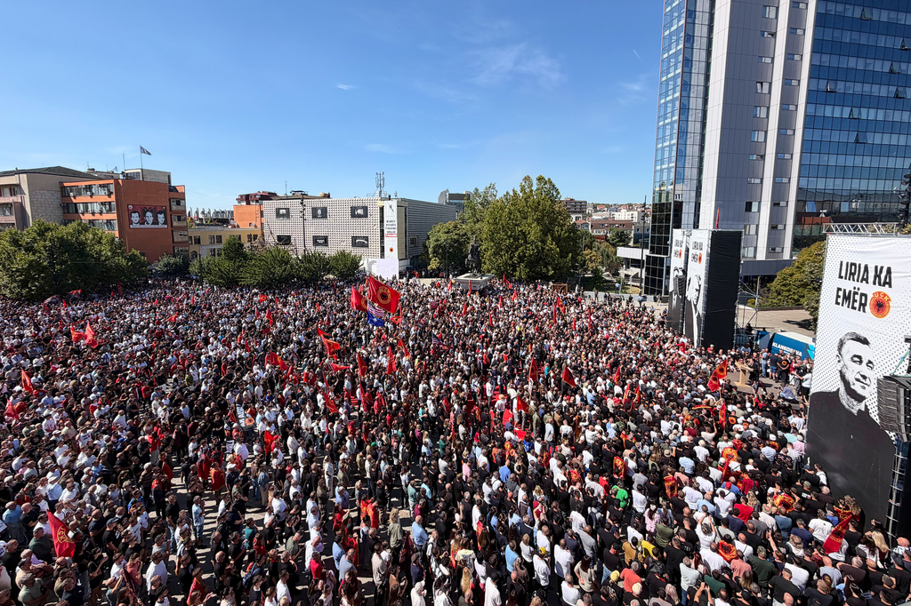 People gather in Pristina, Kosovo, Friday, Sept. 18, 2026, to protest against the verdicts for former Kosovo President Hashim Thaci and three other former Kosovo Liberation Army leaders, Kadri Veseli, Rexhep Selimi and Jakup Krasniqi, handed by a Netherlands-based court that tried them for alleged war crimes during the 1998-1999 war for independence from Serbia. (AP Photo/Zana Cimili)