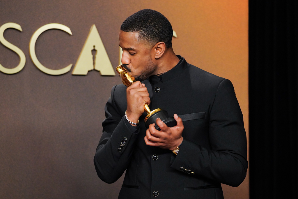 Michael B. Jordan, winner of the award for actor in a leading role for "Sinners," poses in the press room at the Oscars on Sunday, March 15, 2026, at the Dolby Theatre in Los Angeles. (Photo by Jordan Strauss/Invision/AP)