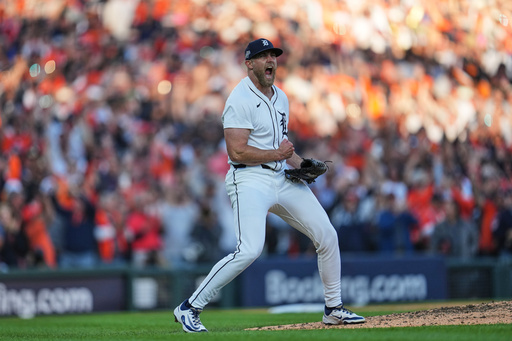 Detroit Tigers pitcher Will Vest celebrates after striking out Seattle Mariners' Randy Arozarena for the final out in Game 4 of baseball's American League Division Series Wednesday, Oct. 8, 2025, in Detroit. (AP Photo/Paul Sancya) Detroit Tigers pitcher Will Vest celebrates after striking out Seattle Mariners' Randy Arozarena for the final out in Game 4 of baseball's American League Division Series Wednesday, Oct. 8, 2025, in Detroit. (AP Photo/Paul Sancya)