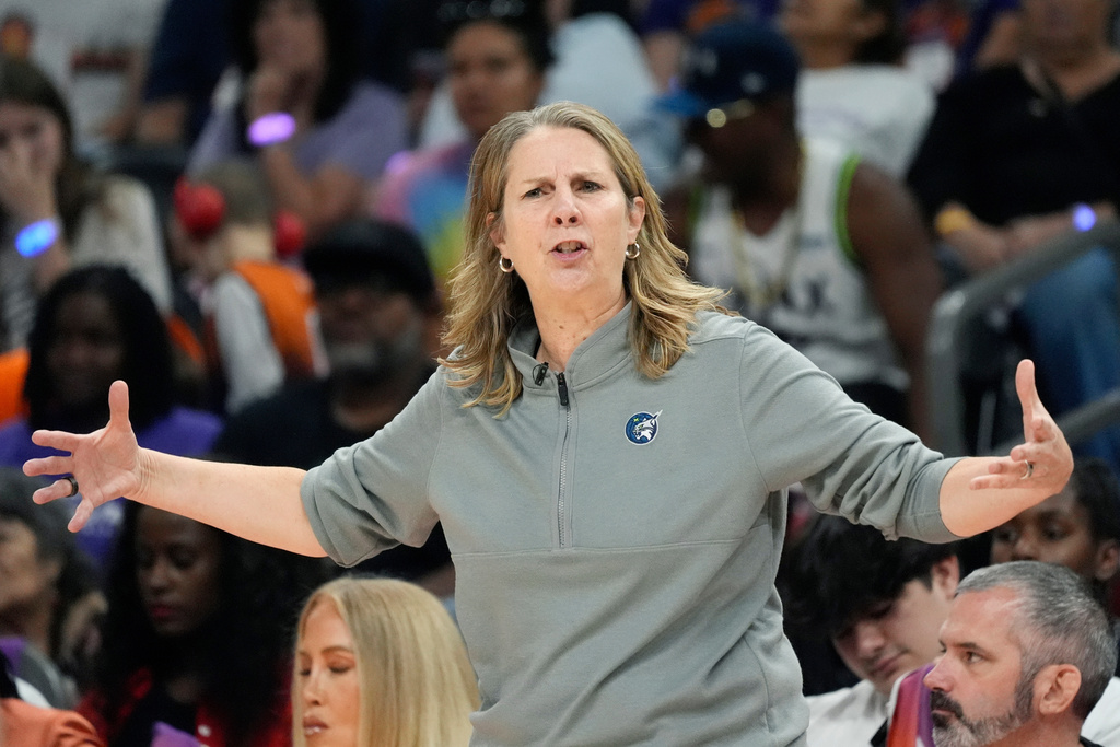 Minnesota Lynx head coach Cheryl Reeve yells at officials during the first half of Game 3 of a WNBA basketball playoff semifinals series game against the Phoenix Mercury Friday, Sept. 26, 2025, in Phoenix. (AP Photo/Ross D. Franklin)