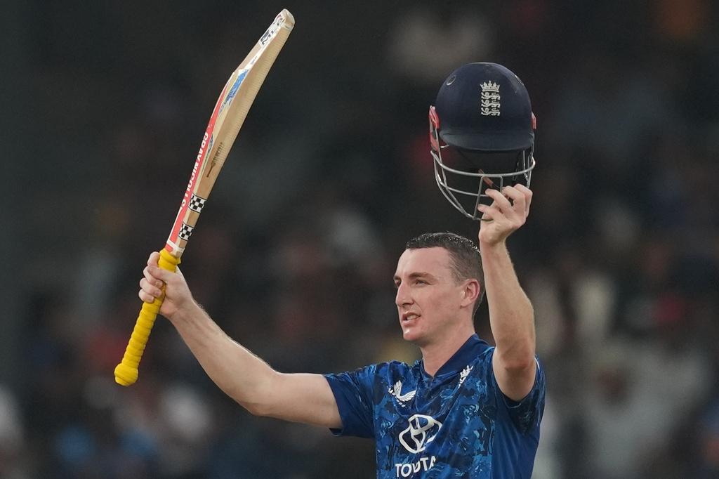 England's captain Harry Brook celebrates his century during the third ODI cricket match between England and Sri Lanka in Colombo, Sri Lanka, Tuesday, Jan. 27, 2026. (AP Photo/Eranga Jayawardena)