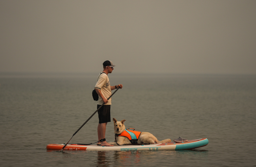 A man paddleboards with a dog as smoke from the Bald Range wildfire envelopes Okanagan Lake, in Penticton, B.C., on Sunday, Aug. 9, 2026. (Darryl Dyck/The Canadian Press via AP)