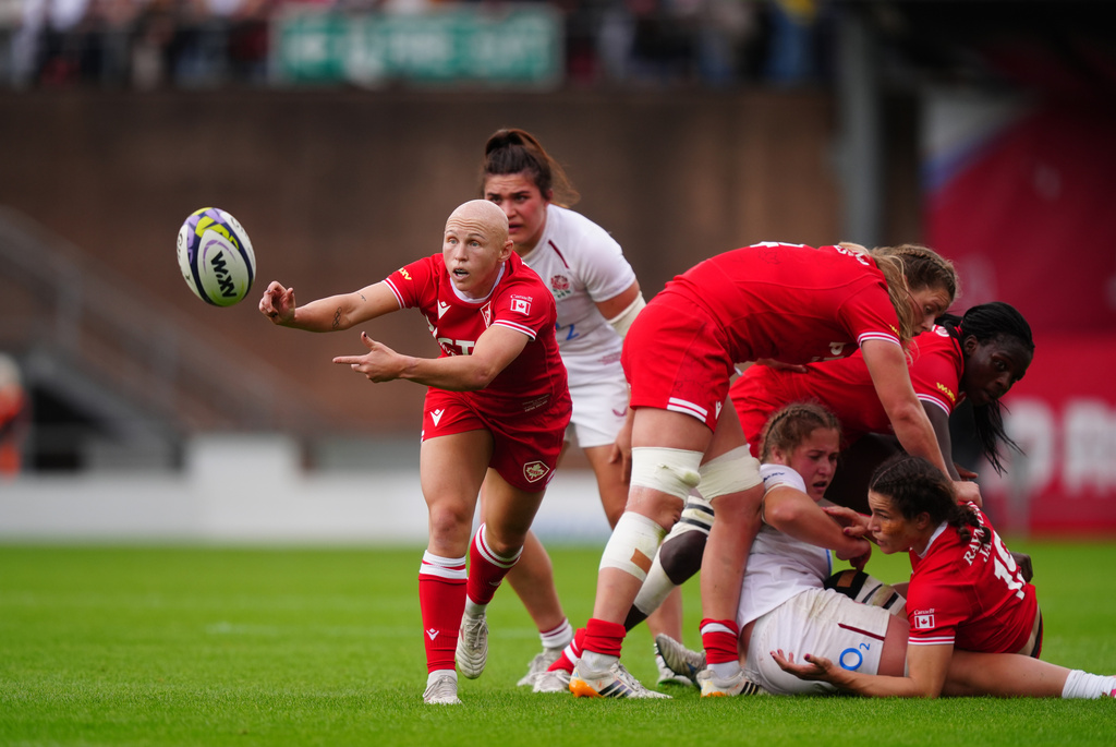Canada's Olivia Apps in action during the WXV Global Series match between England and Canada in Exeter, England, Saturday Sept. 19, 2026. (David Davies/PA via AP)