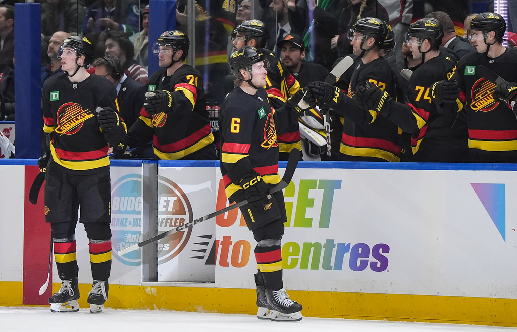 Vancouver Canucks' Brock Boeser (6) celebrates his goal against the Washington Capitals during the first period of an NHL hockey game, in Vancouver, British Columbia, Wednesday, Jan. 21, 2026. (Darryl Dyck/The Canadian Press via AP)