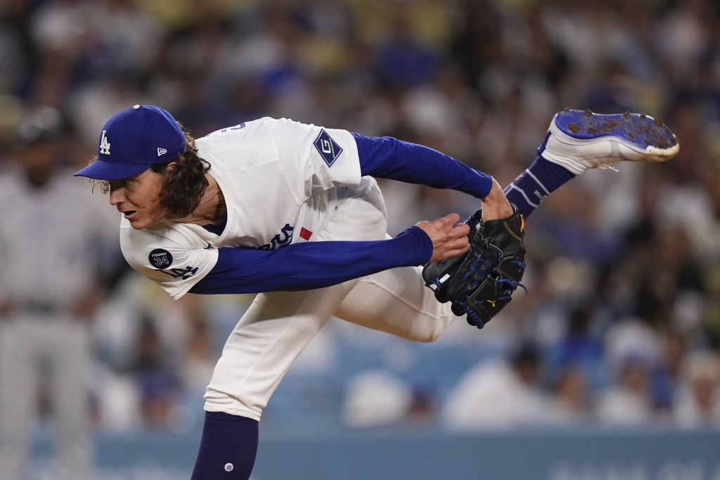 Los Angeles Dodgers starting pitcher Tyler Glasnow throws to the plate during the first inning of a baseball game against the Colorado Rockies, Monday, Sept. 8, 2025, in Los Angeles. (AP Photo/Mark J. Terrill)