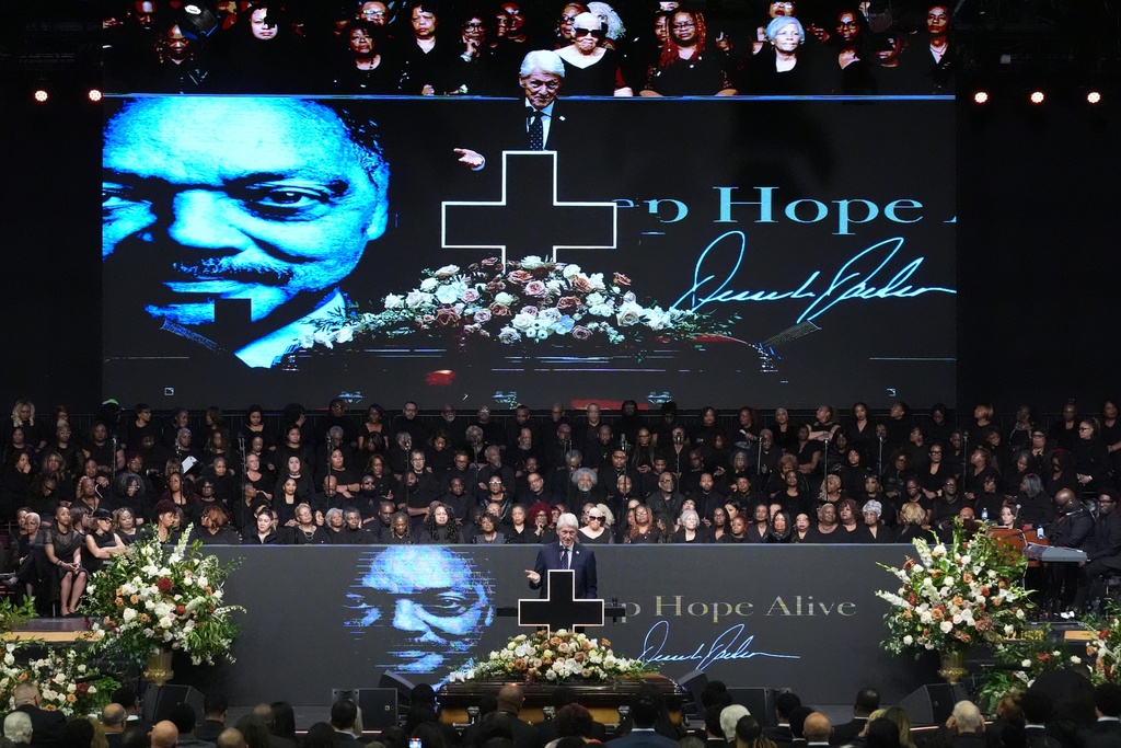 Former President Bill Clinton speaks during the Public Homegoing Service for Reverend Jesse Jackson at the House of Hope in Chicago, Friday, March 6, 2026. (AP Photo/Nam Y. Huh)