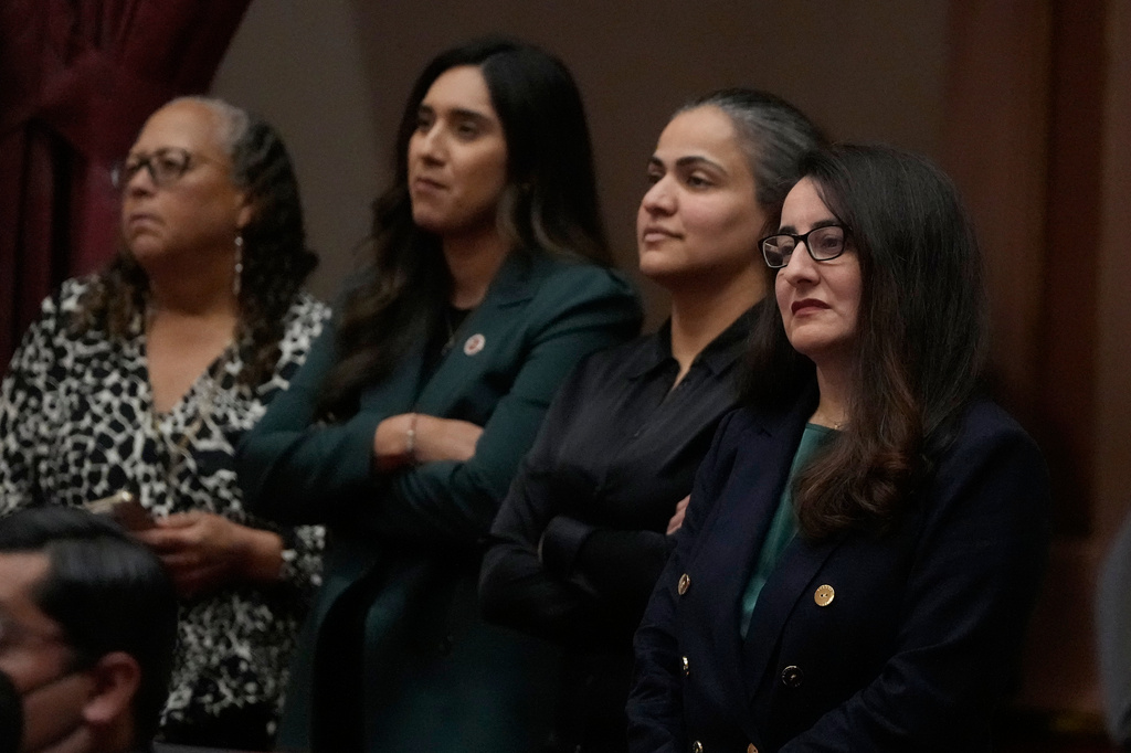 Senate President pro Tempore Monique Limón, right, listens to speakers with, from right, state Senators Aisha Wahab, Sabrina Cervantes and Laura Richardson during a floor session in the Senate Chambers at the Capitol, Monday, Aug. 31, 2026, in Sacramento, Calif. (AP Photo/Jeff Chiu)