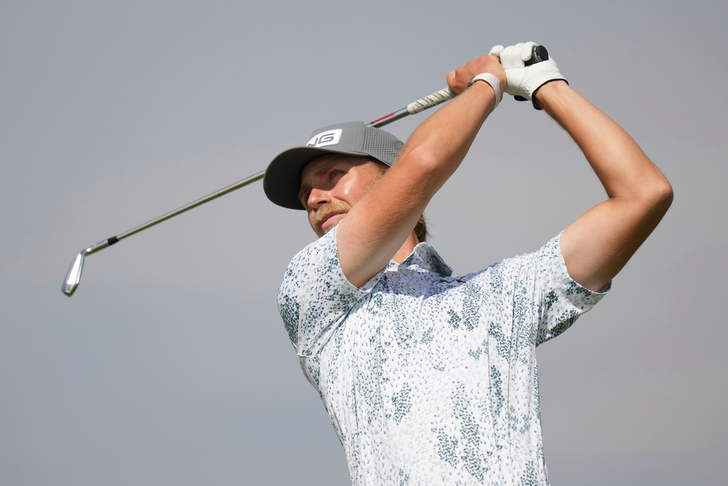 FILE - Kristoffer Reitan of Norway tees off the 6th hole during the final round of the British Open golf championship at the Royal Portrush Golf Club, Northern Ireland, July 20, 2025. (AP Photo/Francisco Seco, File)