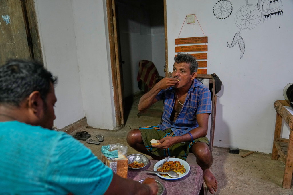 Ranjith Kumara, right, and Saman Kariyawasam eat giant snakehead fish in Walpaluwa, Sri Lanka, on Thursday, Oct. 30, 2025. (AP Photo/Eranga Jayawardena)