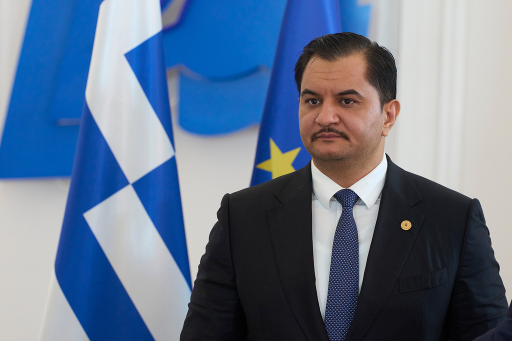 Deputy Commander of the Libyan National Army, Lieutenant General Saddam Haftar looks on before his meeting with the Greek Prime Minister Kyriakos Mitsotakis, in Athens, on Monday, June 15, 2026. (AP Photo/Petros Giannakouris)