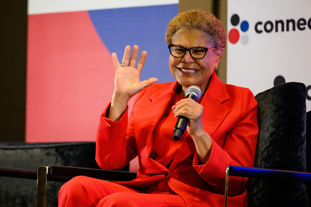 Los Angeles Mayor Karen Bass speaks at the Connect Los Angeles Conference on Thursday, May 28, 2026, in Los Angeles. (AP Photo/William Liang)