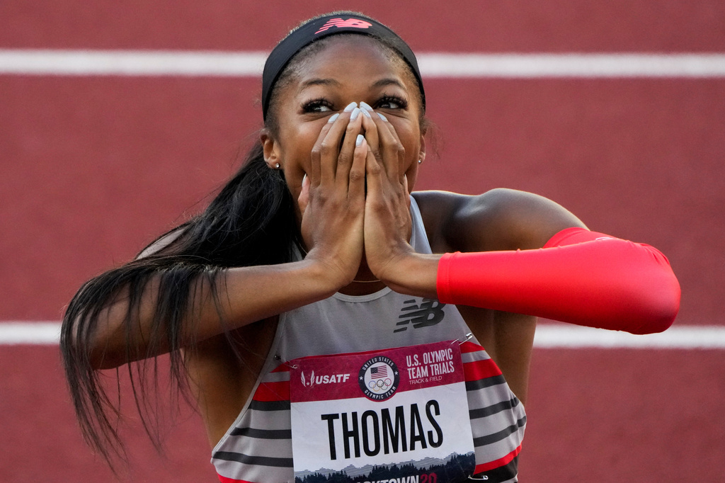 FILE - Gabby Thomas celebrates after winning the final in the women's 200-meter run at the U.S. Olympic Track and Field Trials Saturday, June 26, 2021, in Eugene, Ore. (AP Photo/Chris Carlson, file)