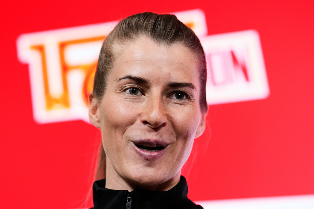 New head coach of German Bundesliga soccer club 1. FC Union Berlin Marie-Louise Eta attends a press conference in Berlin, Germany, Thursday, April 16, 2026. (AP Photo/Ebrahim Noroozi)