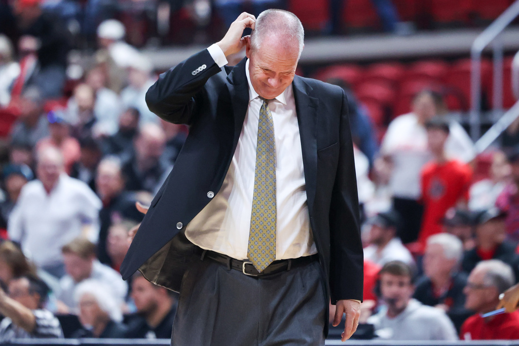 Colorado head coach Tad Boyle scratches his head during the second half of an NCAA college basketball game against Texas Tech, Wednesday, Feb. 11, 2026, in Lubbock, Texas. (AP Photo/Chase Seabolt)