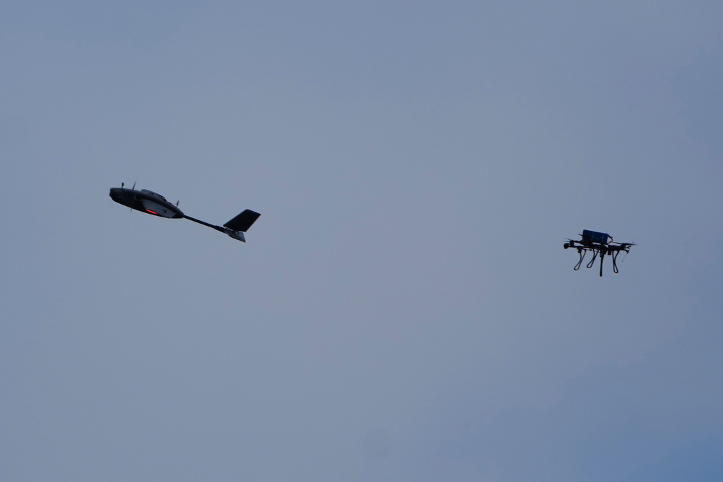 A drone hunter intercepts a target drone during drills at the Yatagan School for Unmanned Aerial Systems in the Kyiv region, Ukraine, Thursday, March 19, 2026. (AP Photo/Efrem Lukatsky)