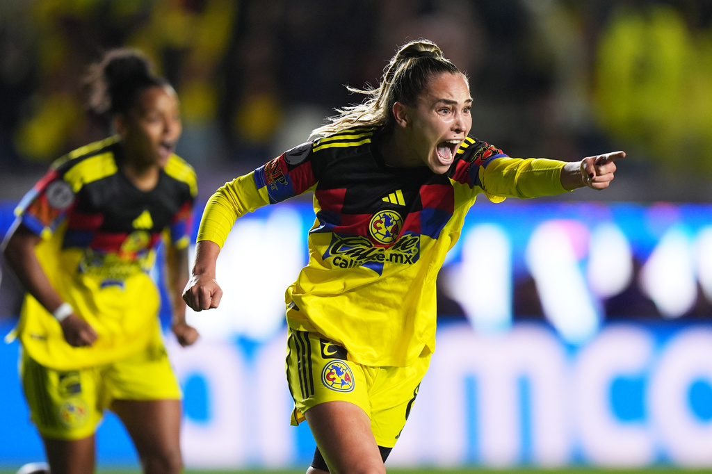 Irene Guerrero of Mexico's America celebrates scoring her side's 4th goal against The United States' Washington Spirit during the Women's CONCACAF Champions Cup final soccer match in Pachuca, Mexico, Saturday, May 23, 2026.(AP Photo/Fernando Llano)