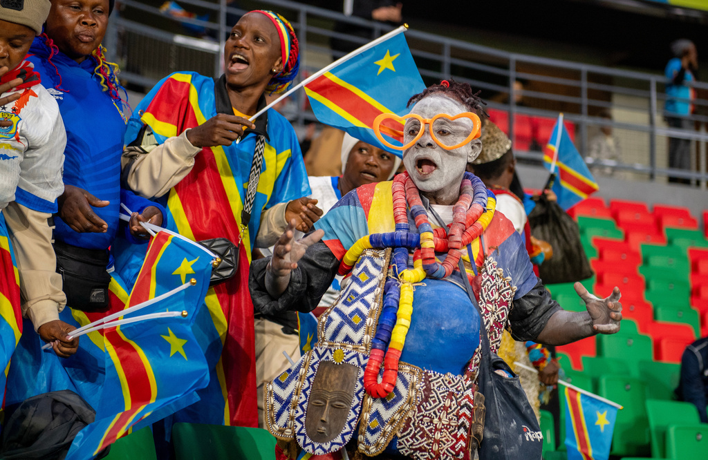 Supporters of Congo cheer their national team ahead of World Cup African qualifier soccer match against Nigeria, in Rabat, Morocco, Sunday, Nov. 16, 2025. (AP Photo)