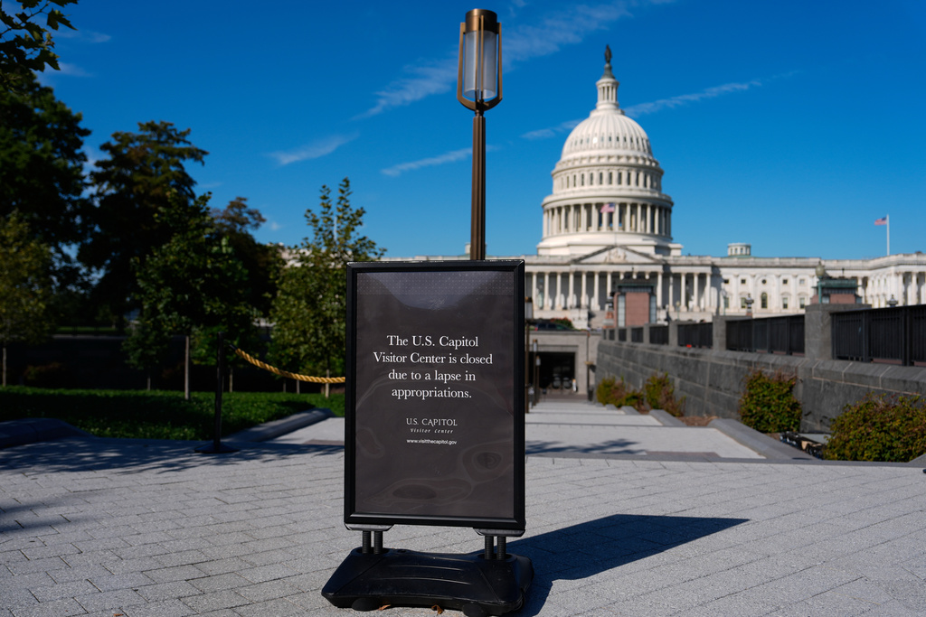 A sign announces that the U.S. Capitol Visitor Center is closed, on the first day of a partial government shutdown, Wednesday, Oct. 1, 2025, in Washington. (AP Photo/Julia Demaree Nikhinson)