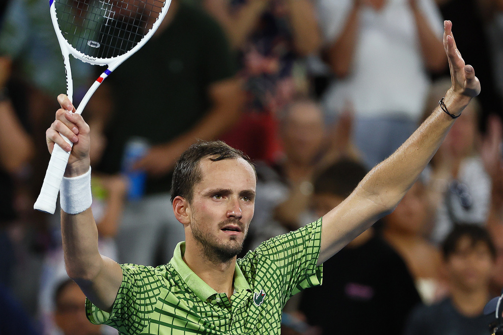 Daniil Medvedev of Russia waves to the crowd after he won his semifinal match against Alex Michelsen of the United States 6-4, 6-2, at the Brisbane International tennis tournament in Brisbane, Australia, Saturday, Jan. 10, 2026. (AP Photo/Tertius Pickard)
