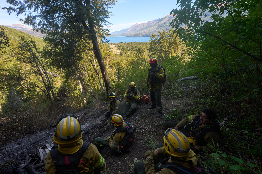 Firefighters battle wildfires in Los Alerces National Park, Argentina, Saturday, Jan. 31, 2026. (AP Photo/Victor R. Caivano)