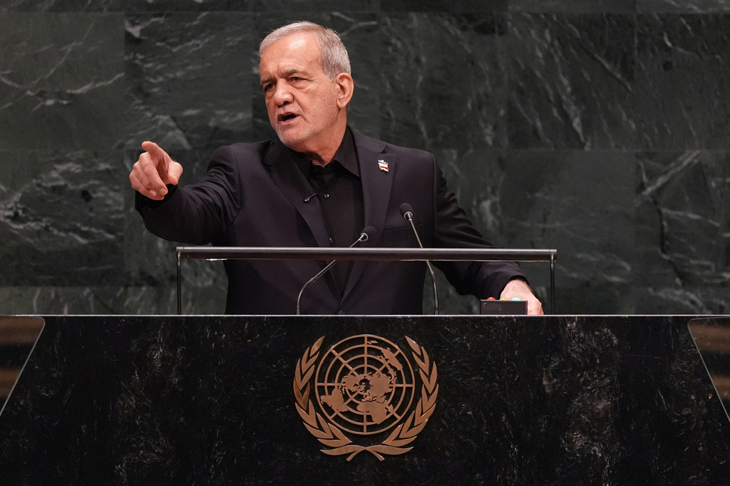 Iran's President Masoud Pezeshkian speaks during the 81st session of the United Nations General Assembly at United Nations headquarters, Wednesday, Sept. 23, 2026. (AP Photo/Heather Khalifa)