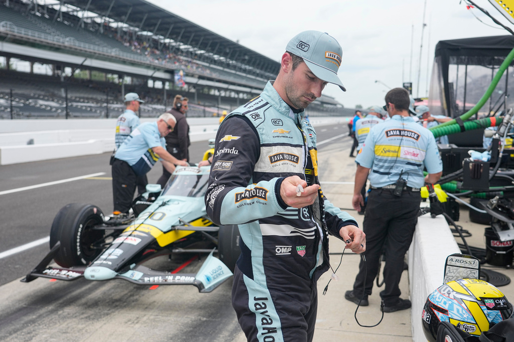 Alexander Rossi prepares too drive during practice for the Indianapolis 500 auto race at the Indianapolis Motor Speedway in Indianapolis, Monday, May 18, 2026. (AP Photo/Michael Conroy)