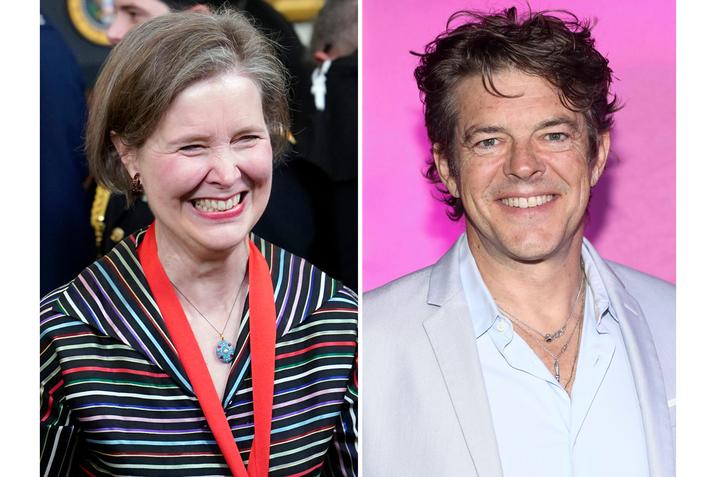Ann Patchett appears at the 2021 National Humanities Medal ceremony at the White House in Washington on March 21, 2023, left, and film producer Jason Blum appears at the premiere of "M3GAN 2.0" in New York on June 24, 2025. (AP Photo)