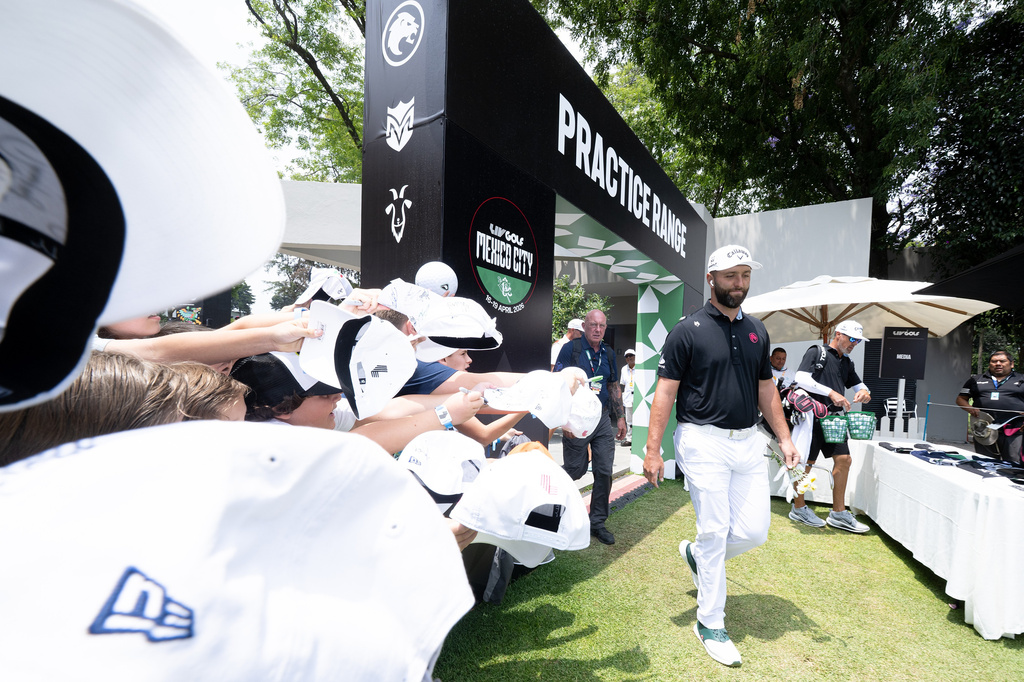 FILE - Captain Jon Rahm, of Legion XIII, makes his way to the course before the final round of LIV Golf Mexico City at Club de Golf Chapultepec, Sunday, April 19, 2026 in Naucalpan, Mexico. (Charles Laberge/LIV Golf via AP, File)
