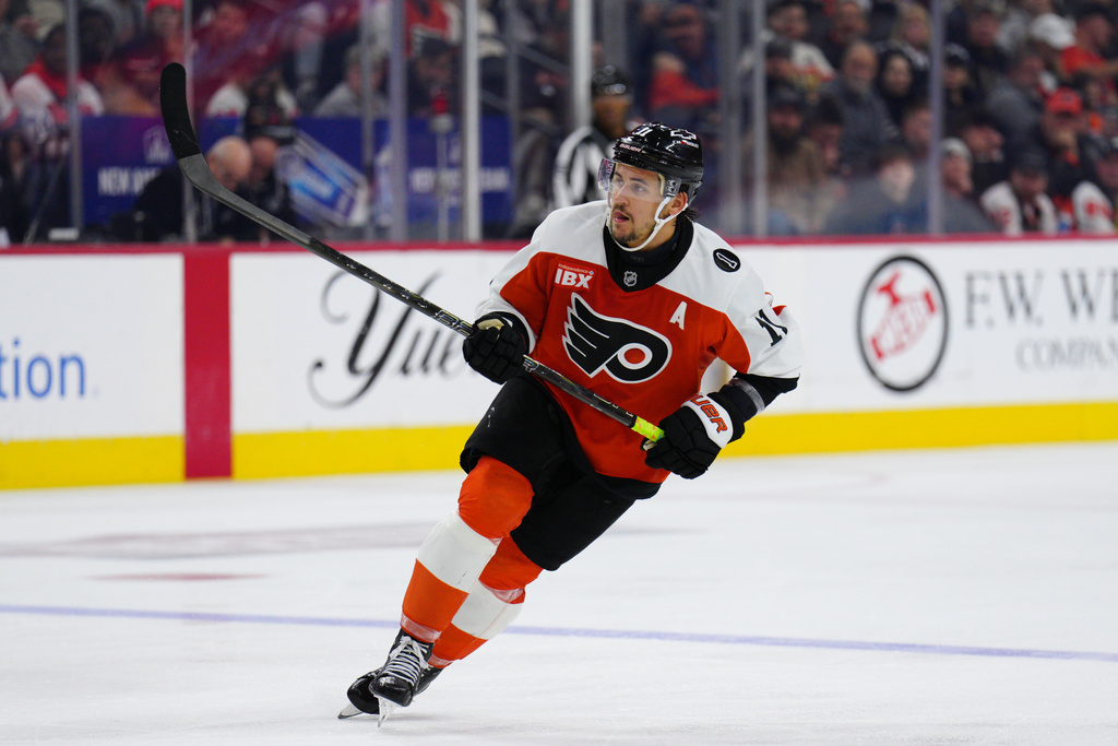Philadelphia Flyers' Travis Konecny in action during an NHL hockey game against the New York Islanders, Saturday, Oct. 25, 2025, in Philadelphia. (AP Photo/Derik Hamilton)
