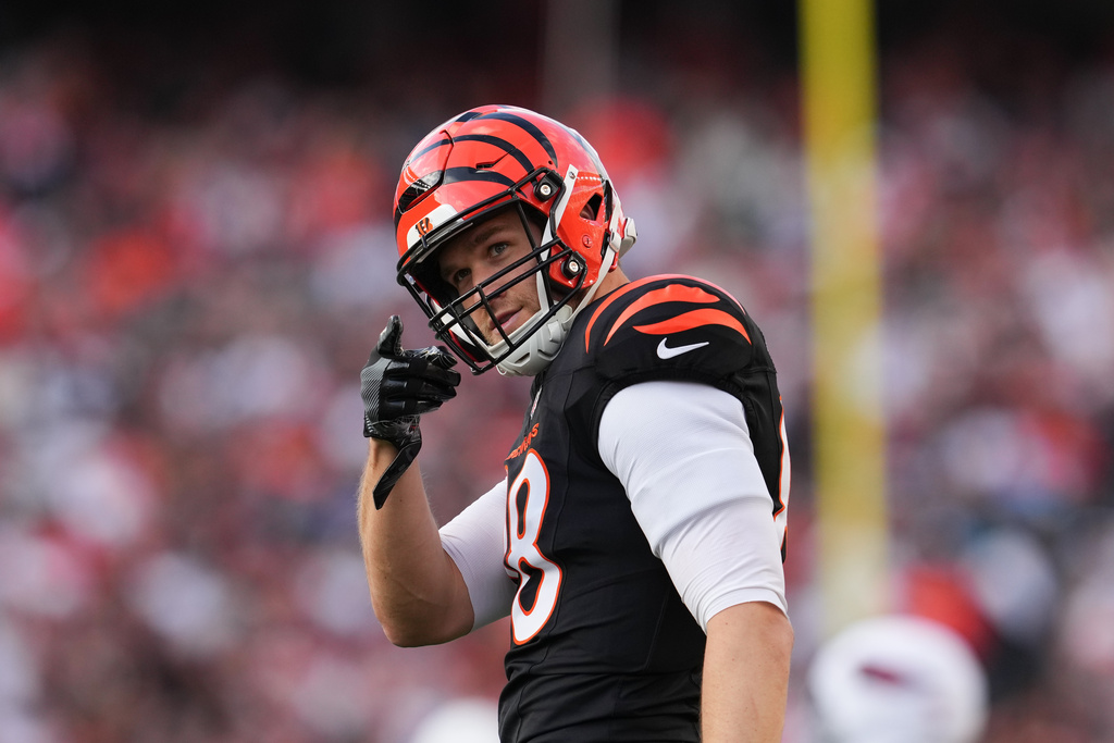 Cincinnati Bengals tight end Mike Gesicki reacts after a play during the second half of an NFL football game against the Arizona Cardinals, Sunday, Dec. 28, 2025, in Cincinnati. (AP Photo/Jeff Dean)