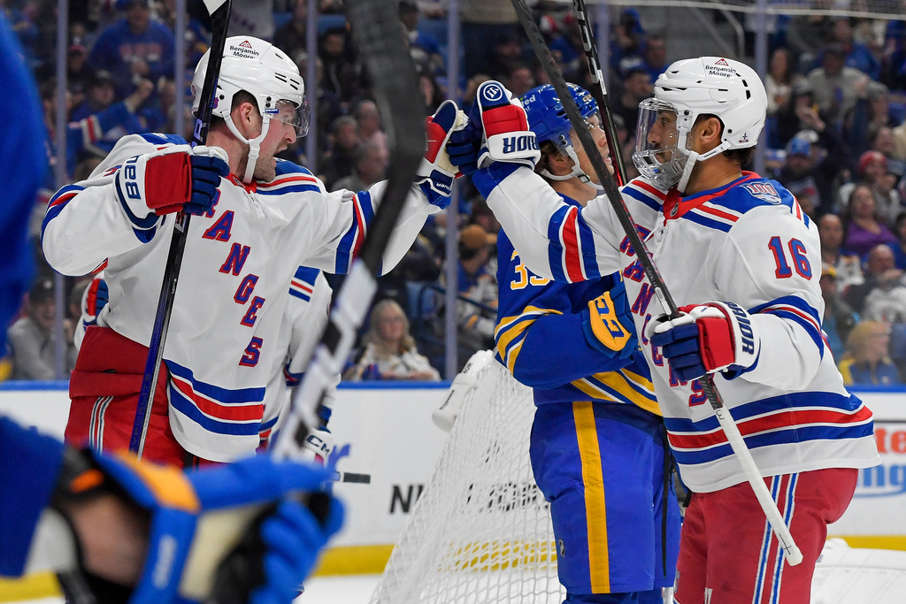 New York Rangers left wing Alexis Lafreniere, left, celebrates with center Vincent Trocheck (16) after scoring during the first period of an NHL hockey game against the Buffalo Sabres in Buffalo, N.Y., Thursday, Oct. 9, 2025. (AP Photo/Adrian Kraus)