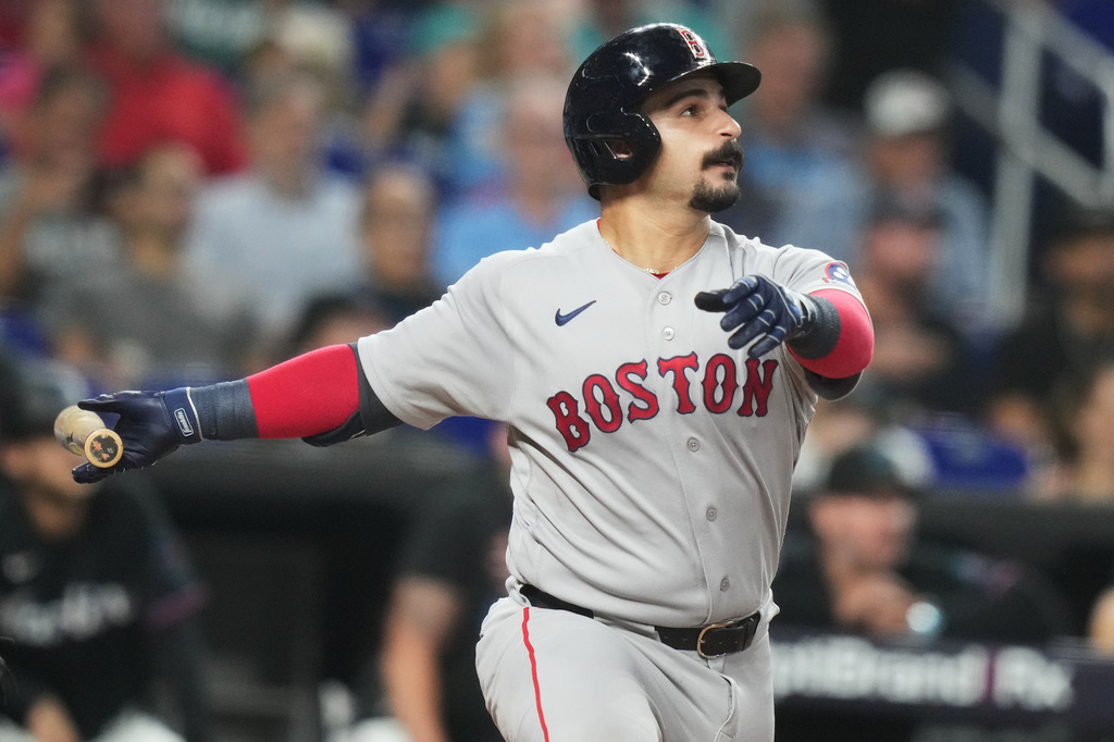 Boston Red Sox's Mickey Gasper watches after hitting a solo home run during the second inning of a baseball game against the Miami Marlins, Tuesday, Aug. 25, 2026, in Miami. (AP Photo/Lynne Sladky)