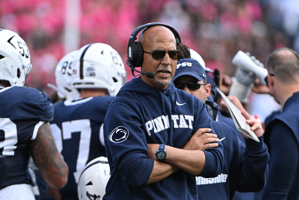 Penn State head coach James Franklin reacts during the second quarter of an NCAA college football game against Northwestern, Saturday, Oct. 11, 2025, in State College, Pa. (AP Photo/Barry Reeger)