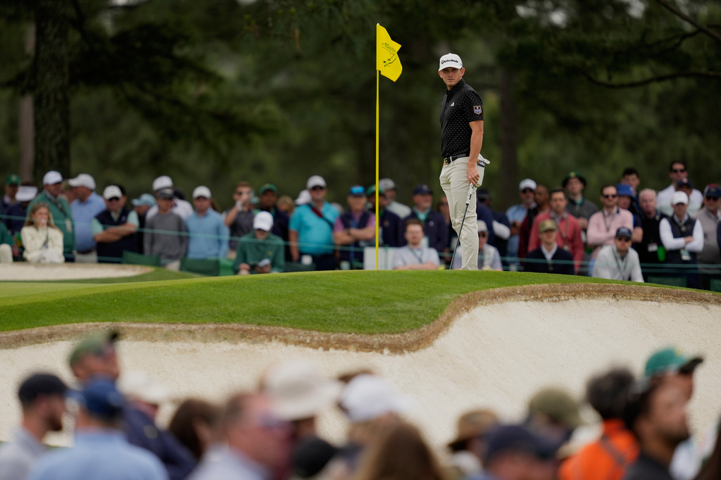 Jacob Bridgeman watches on the seventh hole during a practice round ahead of the Masters golf tournament at the Augusta National Golf Club, Monday, April 6, 2026, in Augusta, Ga. (AP Photo/Ashley Landis)
