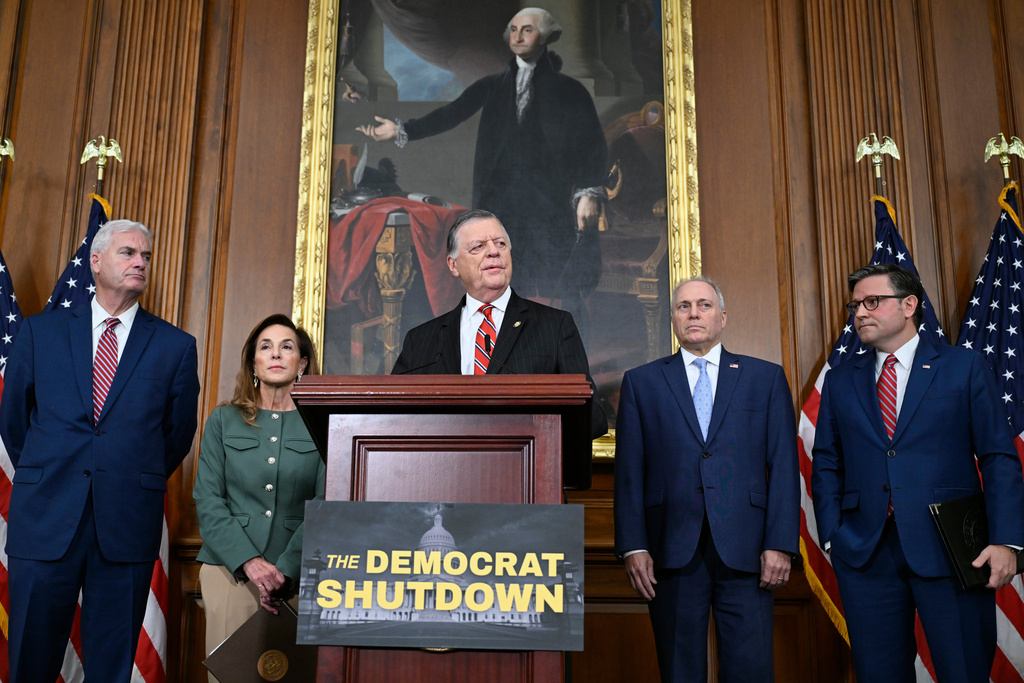 From left, House Majority Whip Tom Emmer, R-Minn., Chair of the House Republican Conference, Lisa McClain, R-Mich., House Committee on Appropriations Chairman Tom Cole, R-Okla., House Majority Leader Steve Scalise, R-La., and Speaker of the House Mike Johnson, R-La., during a press conference on the 8th day of the government shutdown at the U.S. Capitol on Wednesday, Oct. 8, 2025, in Washington. (AP Photo/John McDonnell)